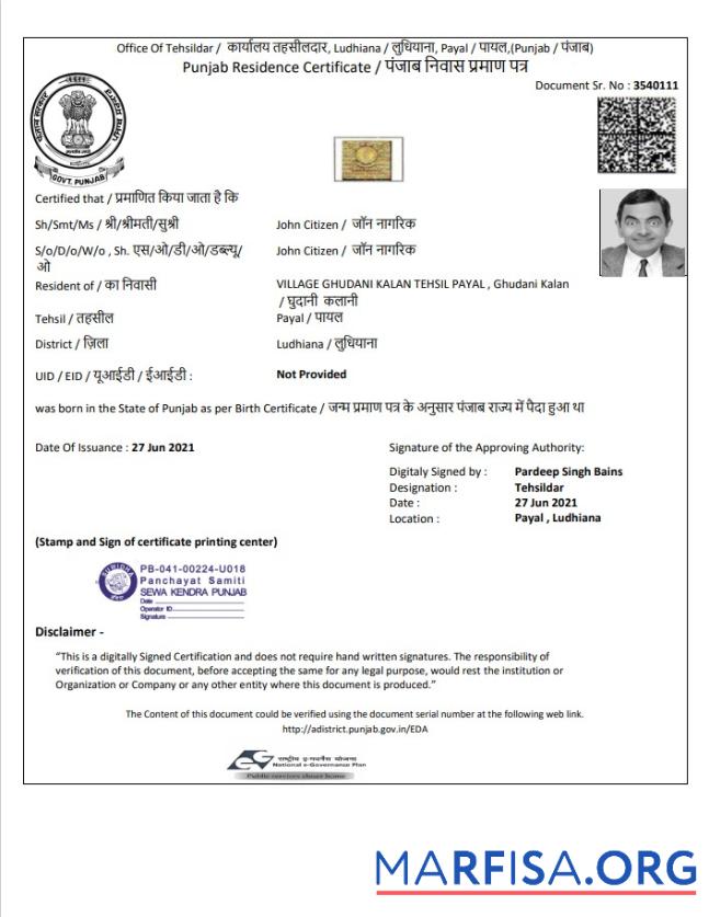 Downloadable India Government of Punjab Residence Certificate template in Word and PDF format
